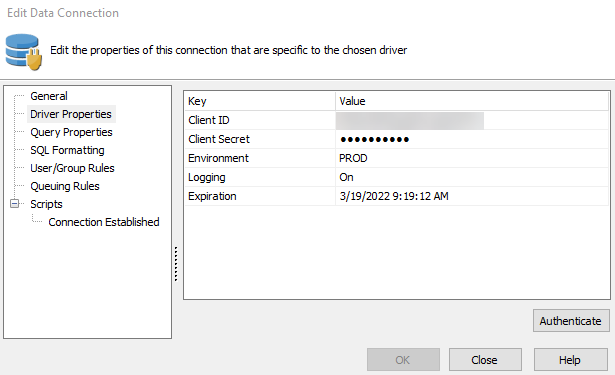 The Driver Properties parameters for adding the Evisions DORIS data connection. 